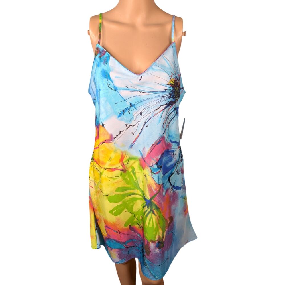 NWT Natori Private Luxuries Watercolor Floral Slip Dress L V-Neck Whimsical Mini